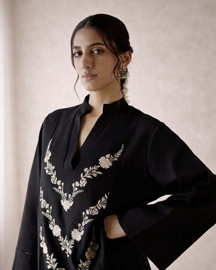 Black Orchid Embroidered Handloom Linen Coord Set