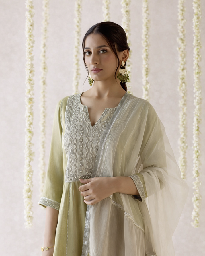 Moss Pearl Tissue Anarkali with  narrow Pants & Dupatta - Set of 3