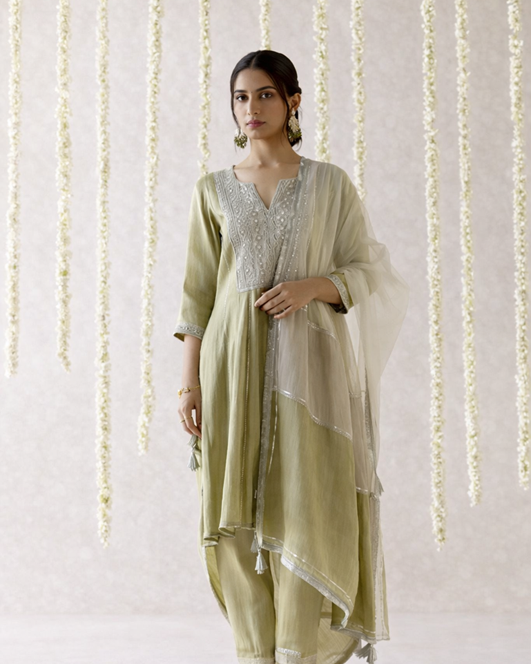 Moss Pearl Tissue Anarkali with  narrow Pants & Dupatta - Set of 3