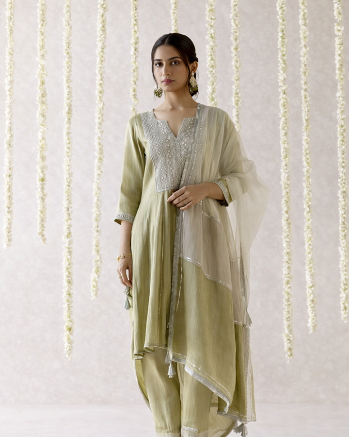 Moss Pearl Tissue Anarkali with  narrow Pants & Dupatta - Set of 3