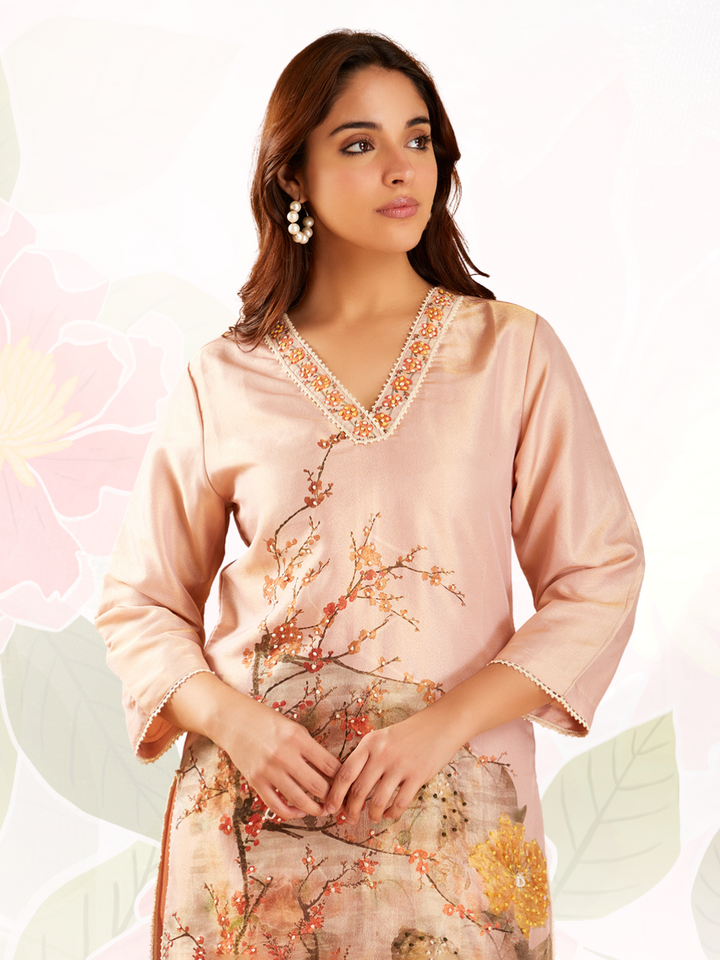Peach Floral Embroidered Kurta Set with Dupatta - Set of 3