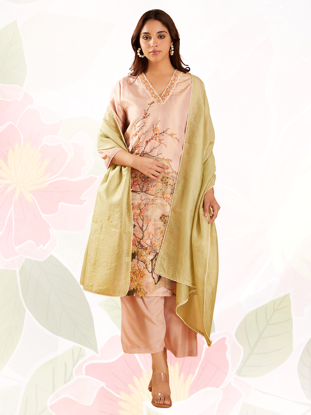 Peach Floral Embroidered Kurta Set with Dupatta - Set of 3