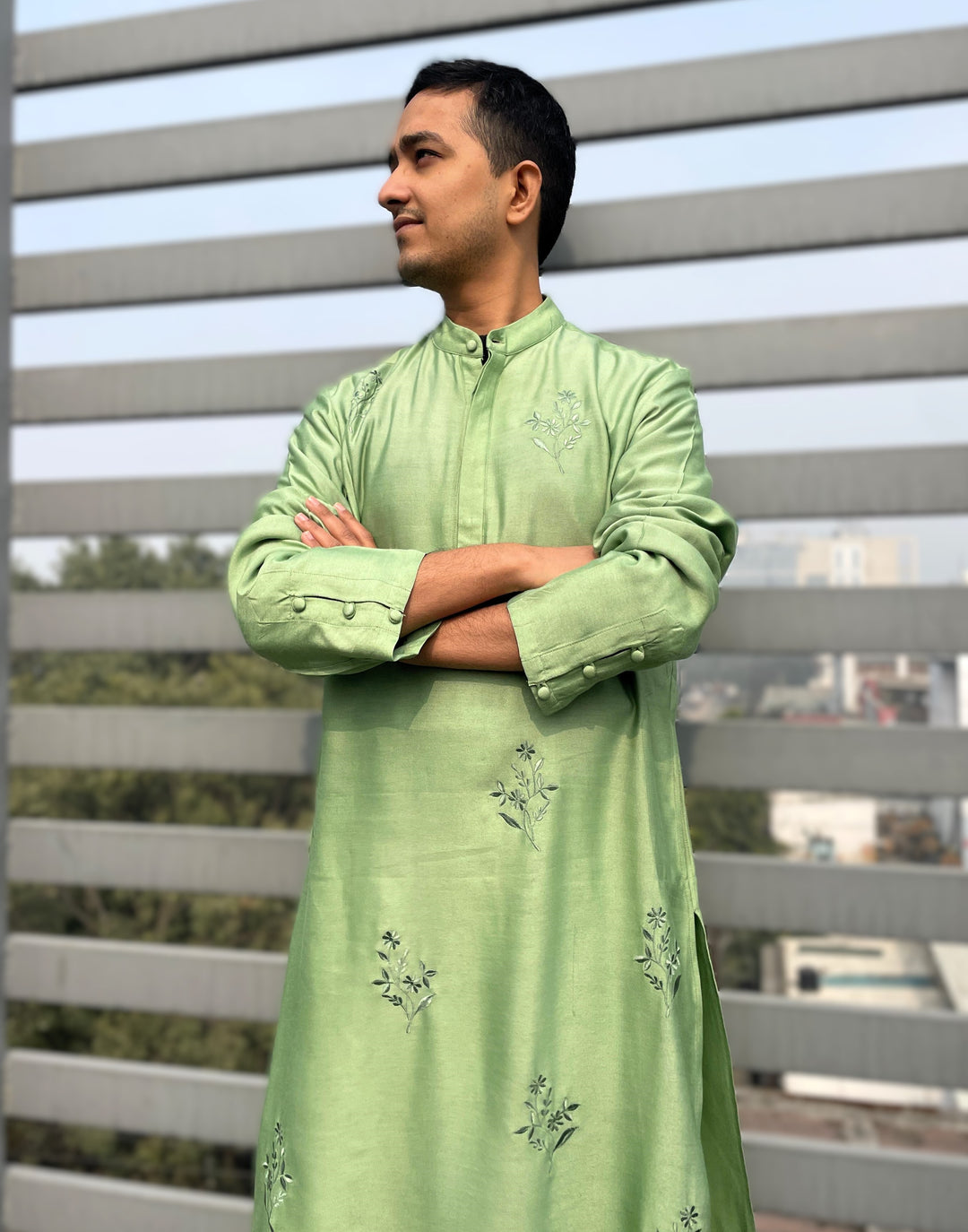 Sage Green Embroidered Silk Kurta with Narrow Pants - Set of 2