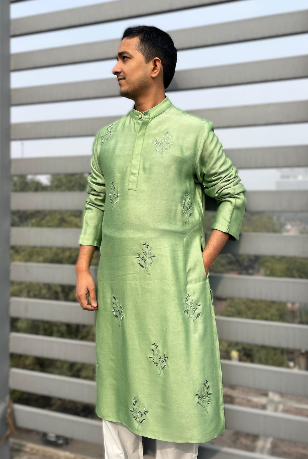 Sage Green Embroidered Silk Kurta with Narrow Pants - Set of 2