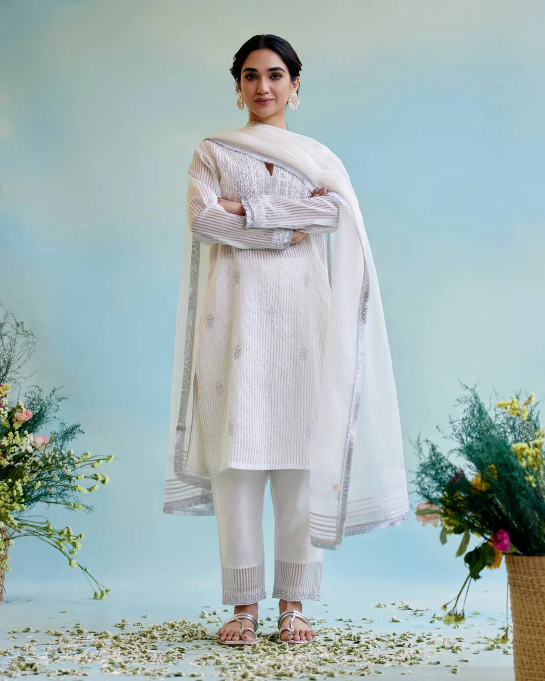 Paring of Silver Zari tissue kurta look with Gota Zari Kurta Set look