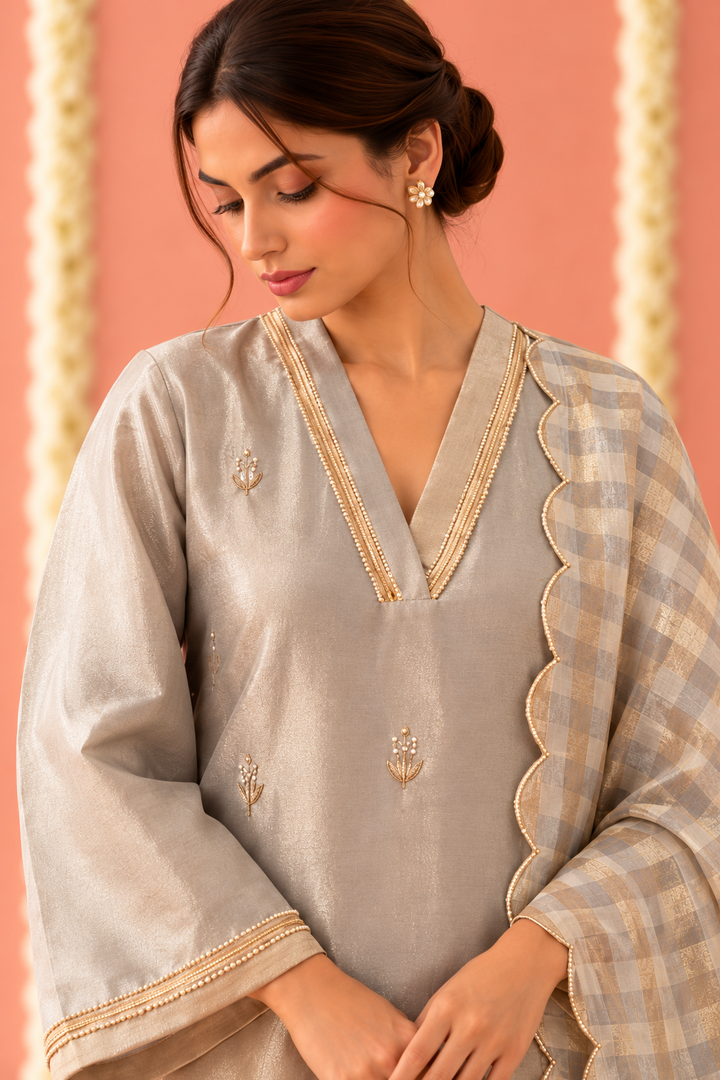 White Gold Scallop Tissue Dupatta