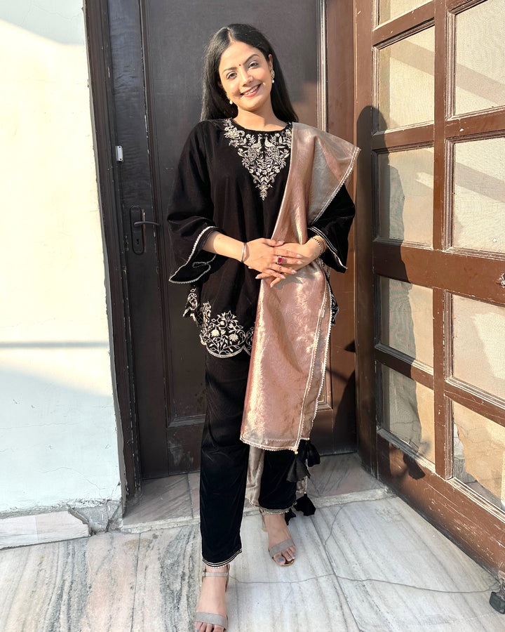 Black Peacock Velvet Short Kurta with Straight Pants and Dupatta - Tanya sethi