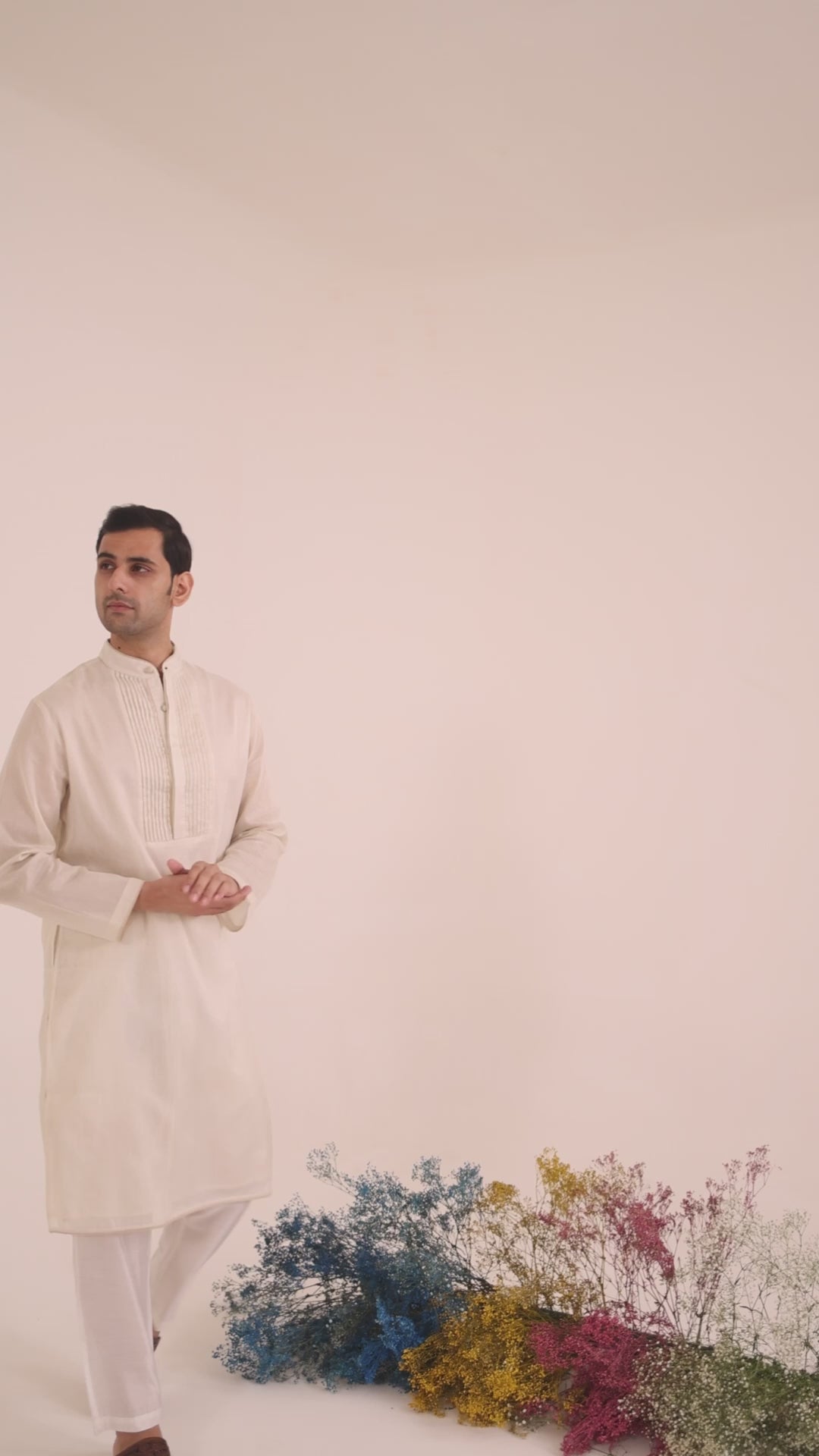 White Pintuck Chanderi Stripe Kurta with Narrow Pants - Set of 2