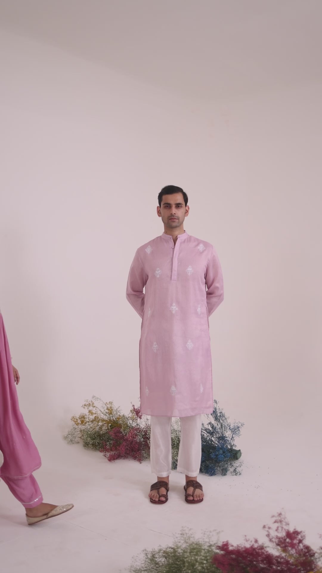 Lilac Embroidered Chanderi Stripe Kurta with Narrow Pants - Set of 2