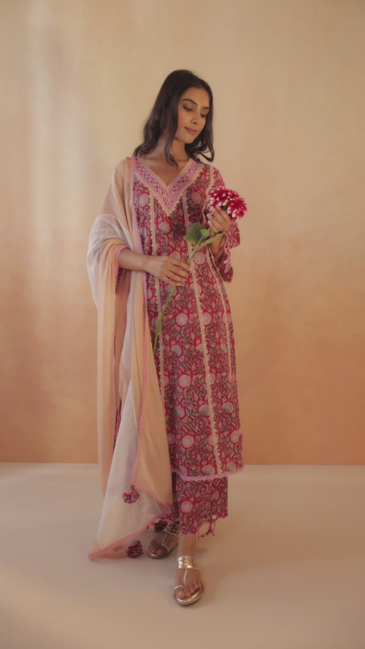 Rosy Chintz Cutwork Kurta with Wide Leg Pants - Set of 2