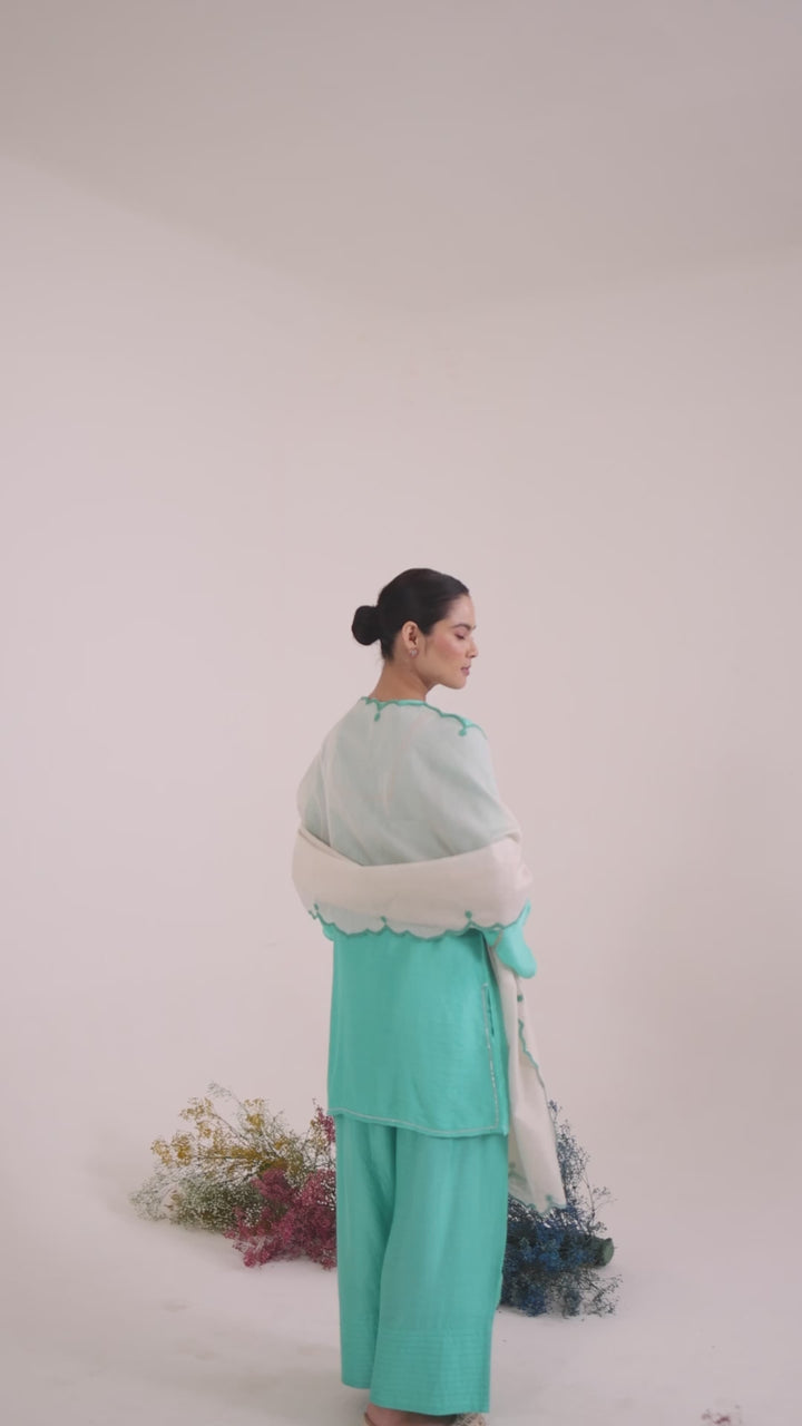 Aqua Green Zari Kurta with Farsi Salwar and Dupatta - Set of 3