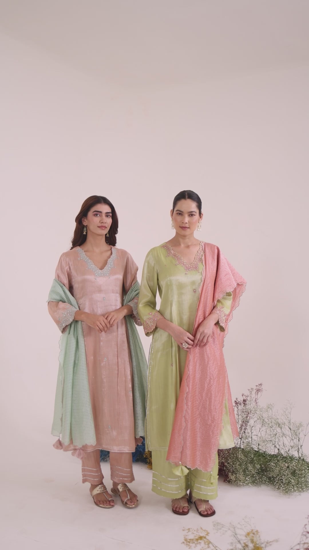 Lime Rose Dori Tissue Kurta with Wide Leg Pants and Dupatta - Set of 3