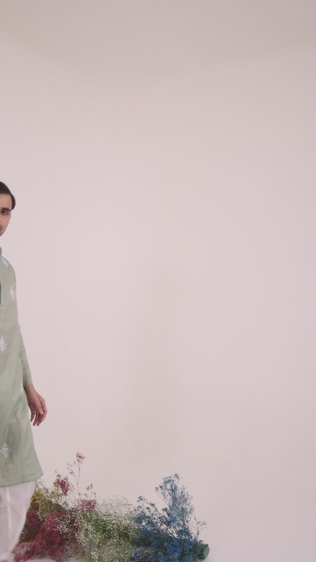 Sage Embroidered Chanderi Stripe Kurta with Narrow Pants - Set of 2