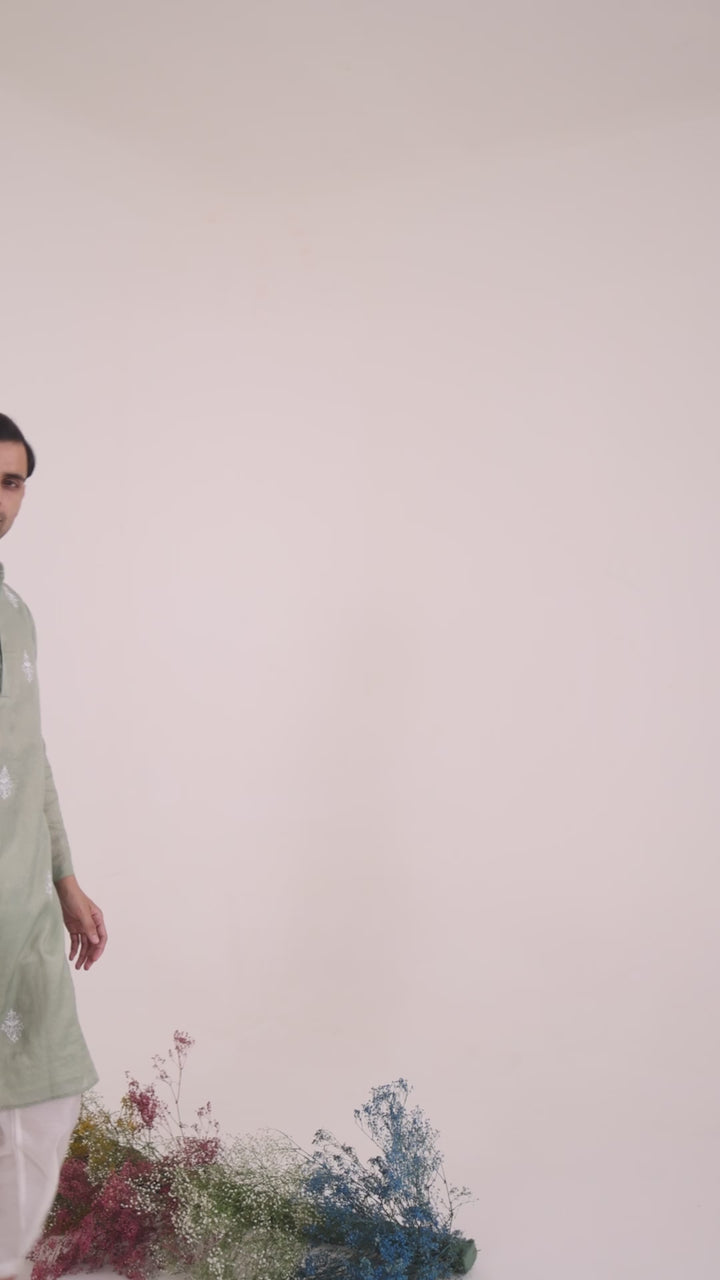 Sage Embroidered Chanderi Stripe Kurta with Narrow Pants - Set of 2