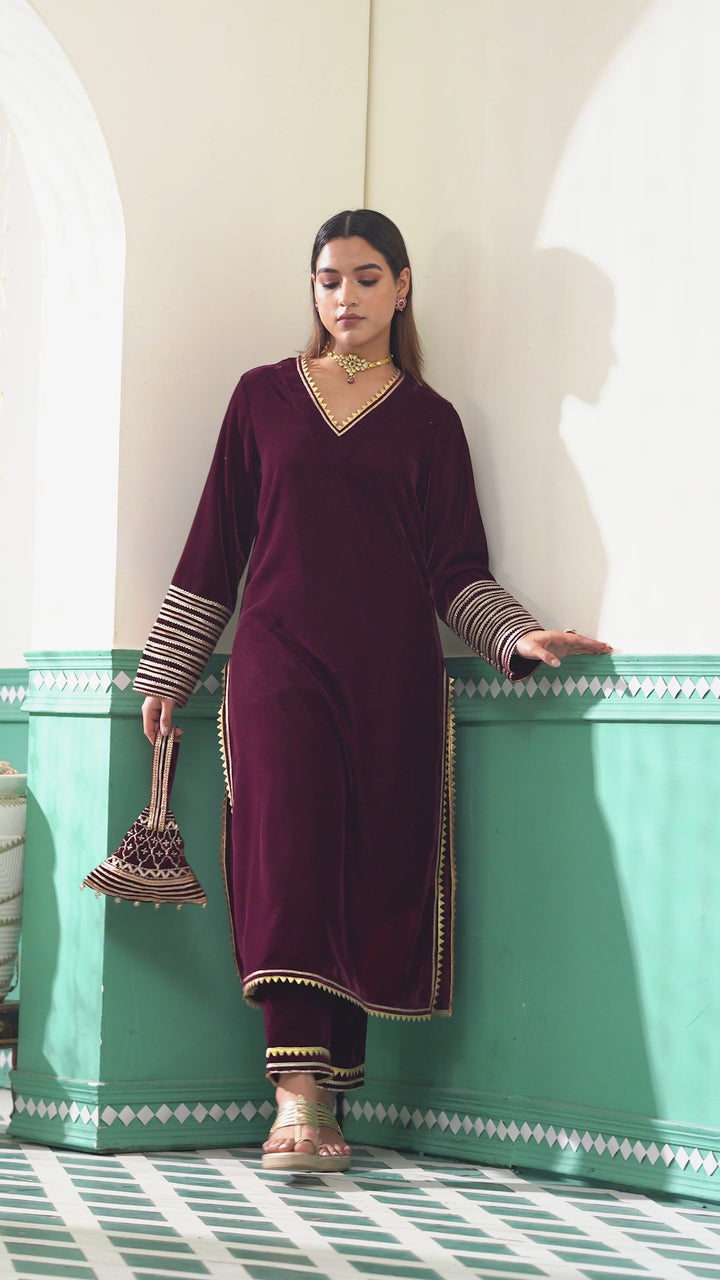 Wine Velvet Kurta Set