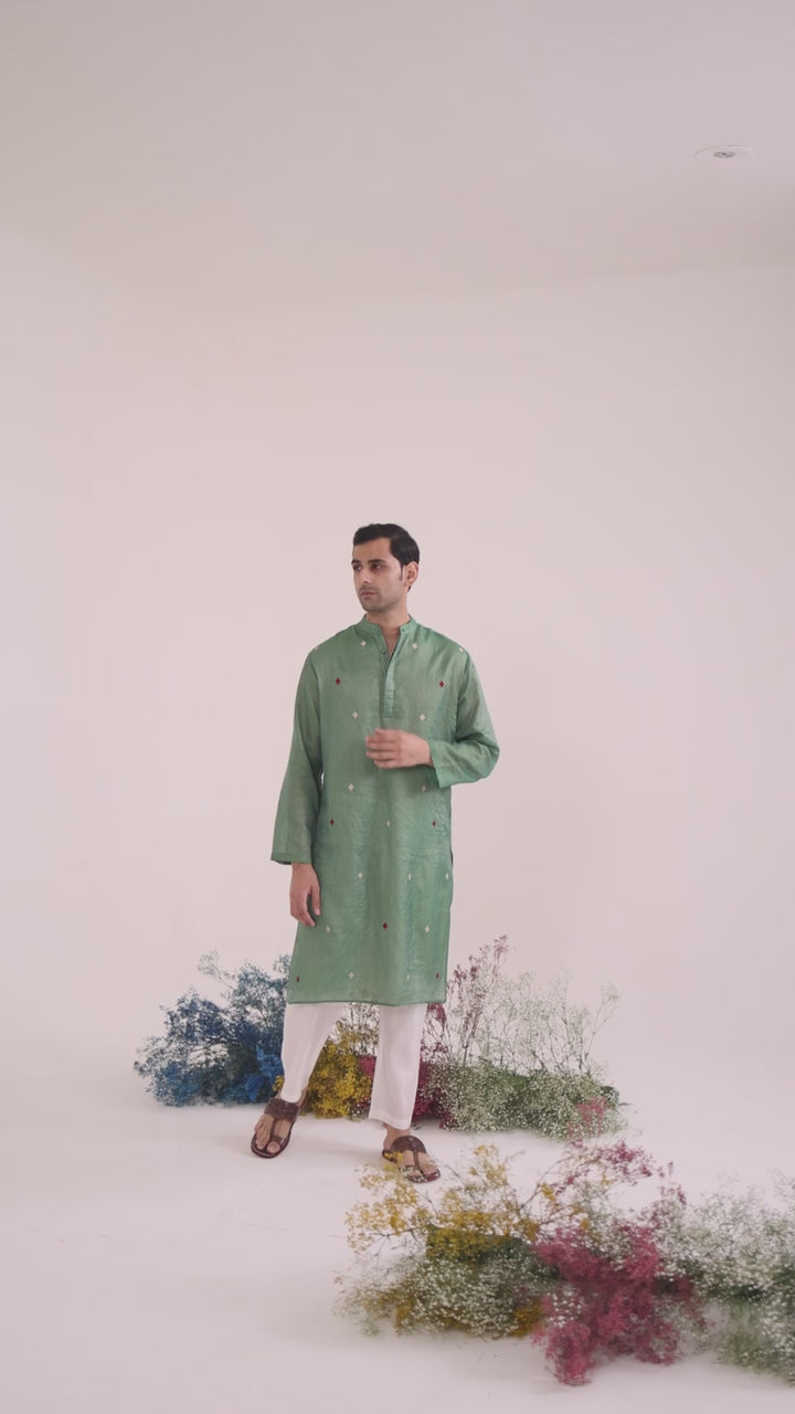 Emerald Buta Chanderi Stripe Kurta with Narrow Pants - Set of 2