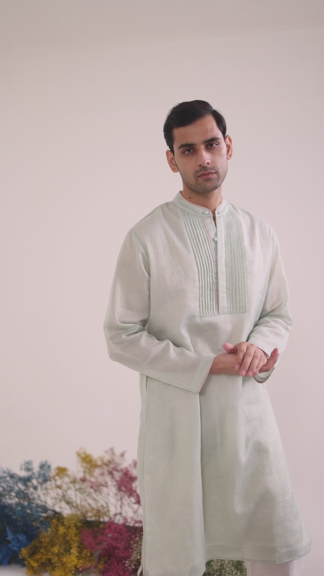 Mint Pintuck Chanderi Stripe Kurta with Narrow Pants - Set of 2