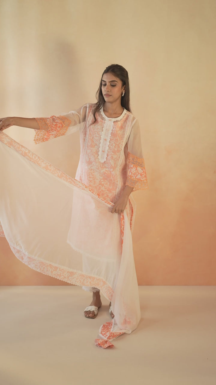 Orange Floral Embroidered Kurta