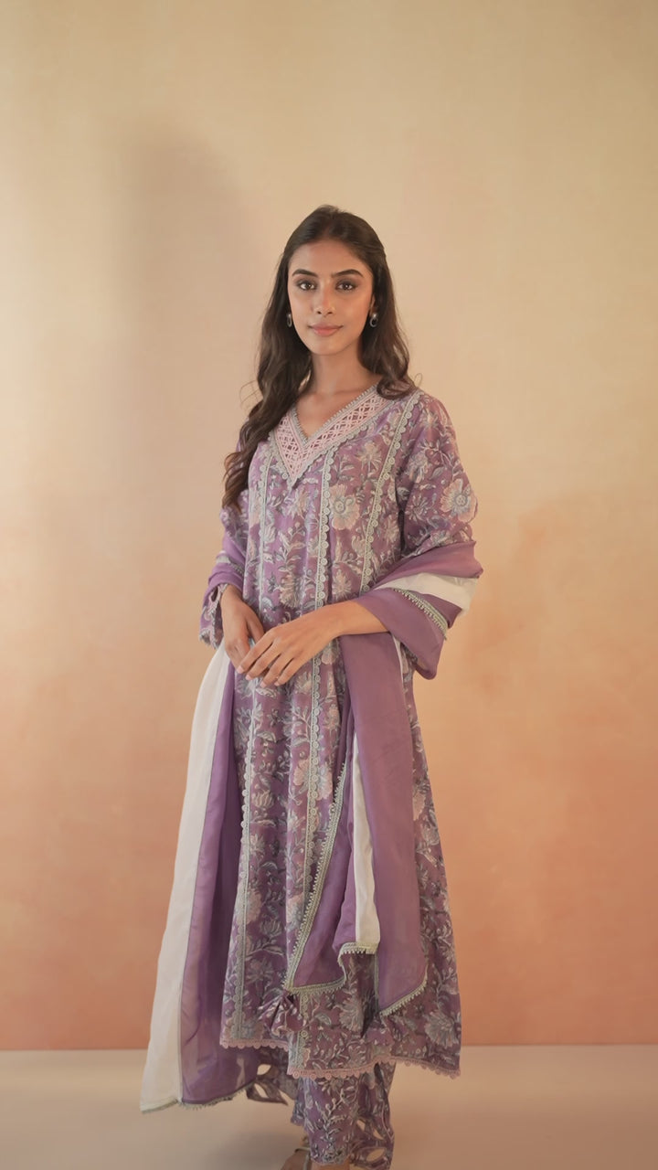 Mauve Chintz Cutwork Kurta with Wide Leg Pants - Set of 2