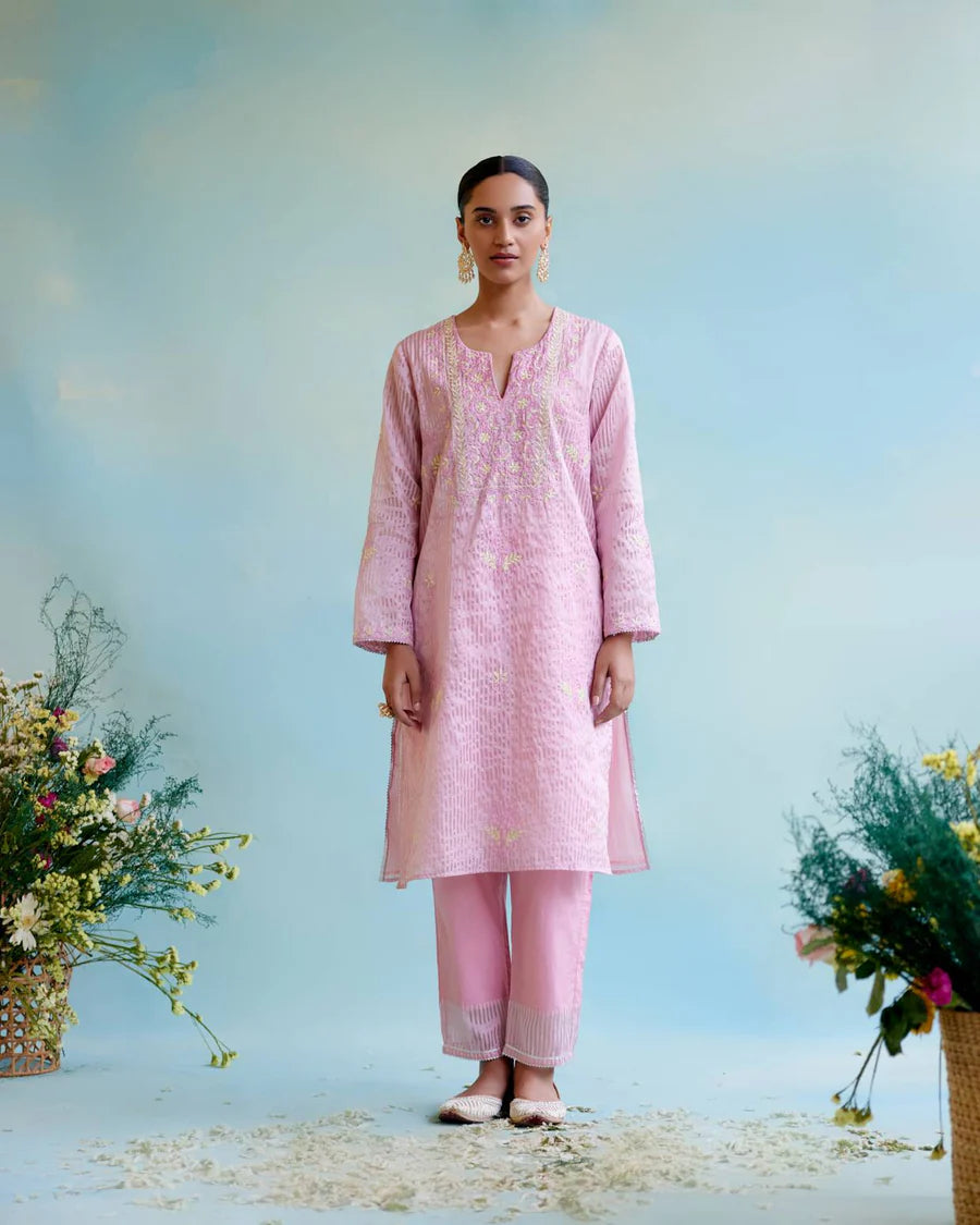 Paring of Pink Rose tissue kurta look with Rosy glow zari Nehru jacket look