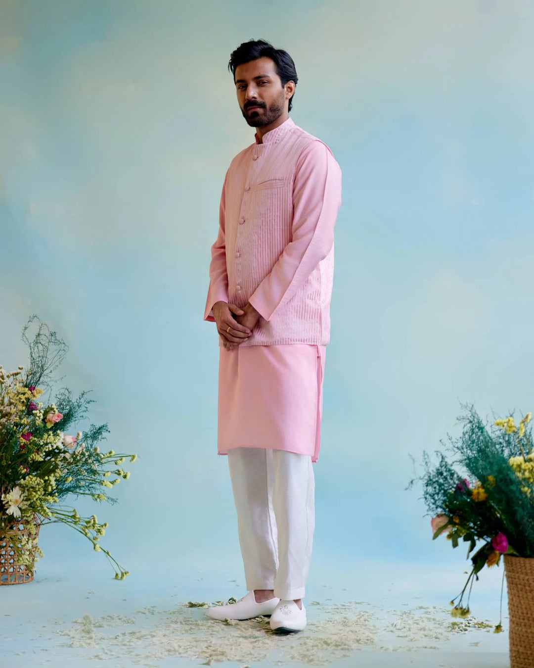 Paring of Pink Rose tissue kurta look with Rosy glow zari Nehru jacket look