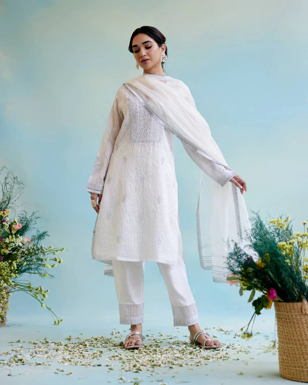 Paring of Silver Zari tissue kurta look with Gota Zari Kurta Set look